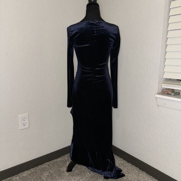 NASHALYLY Bodycon Mermaid Dress Women Small Navy Velvet Ruched Ruffle Side Split - Picture 3 of 8